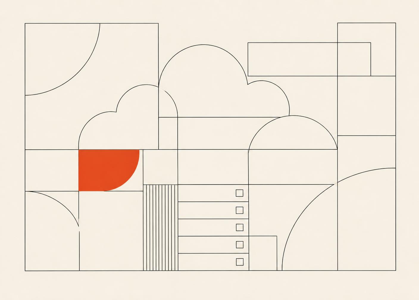 Geometric line drawing of cloud services arranged over a modular grid