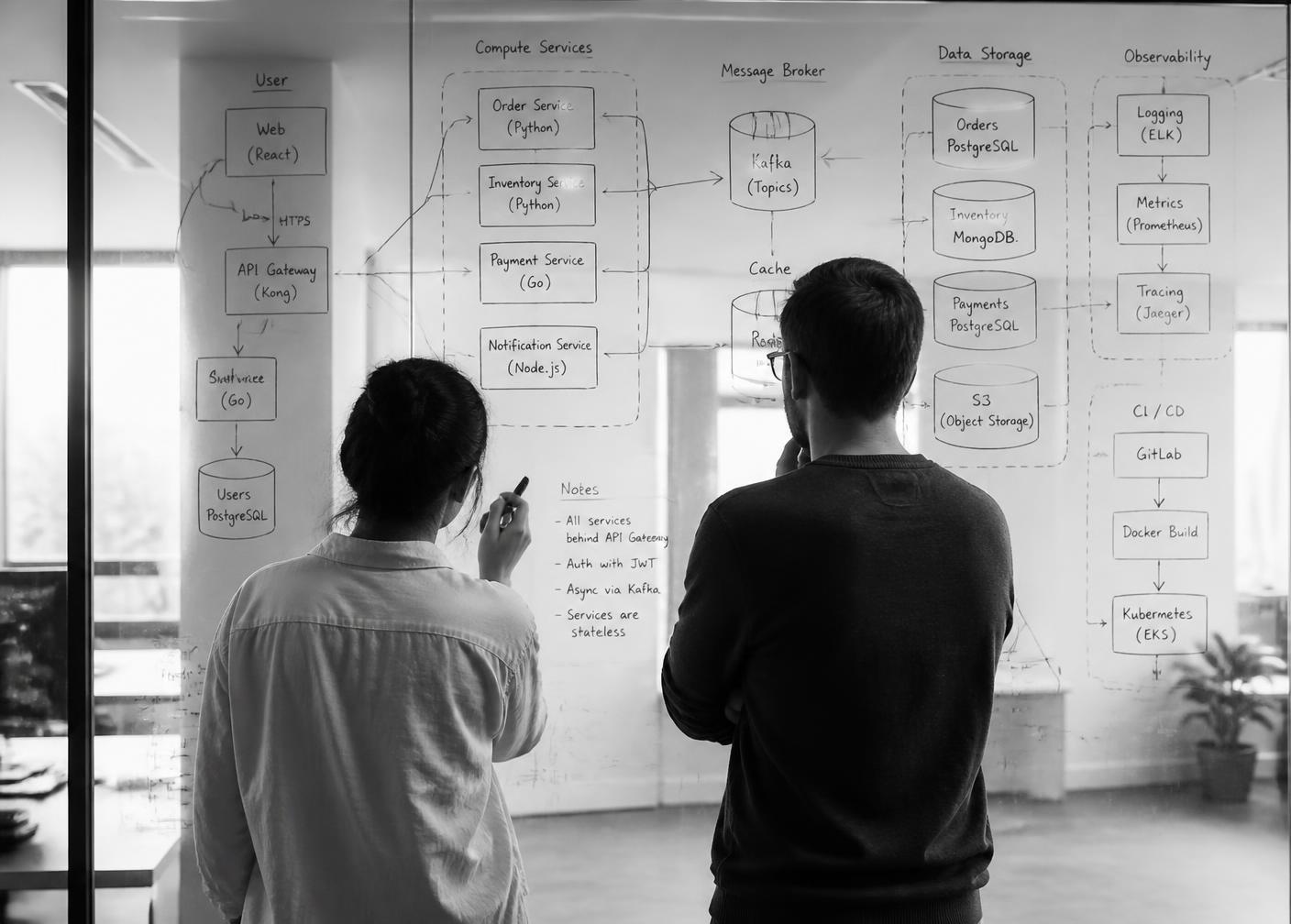 Colleagues discussing a hand-drawn system architecture diagram on a glass wall