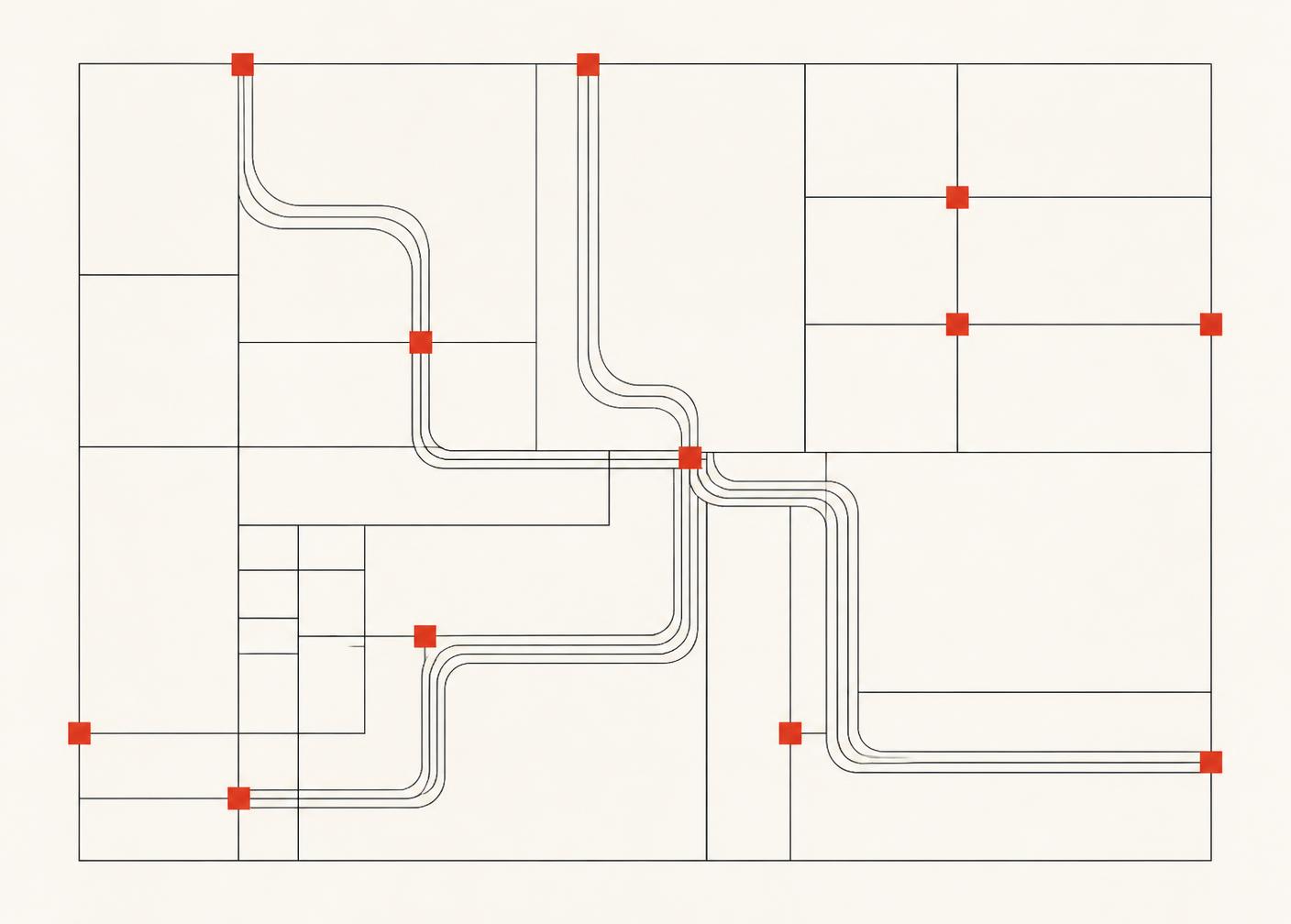 Abstract grid diagram of data routes connecting marked nodes